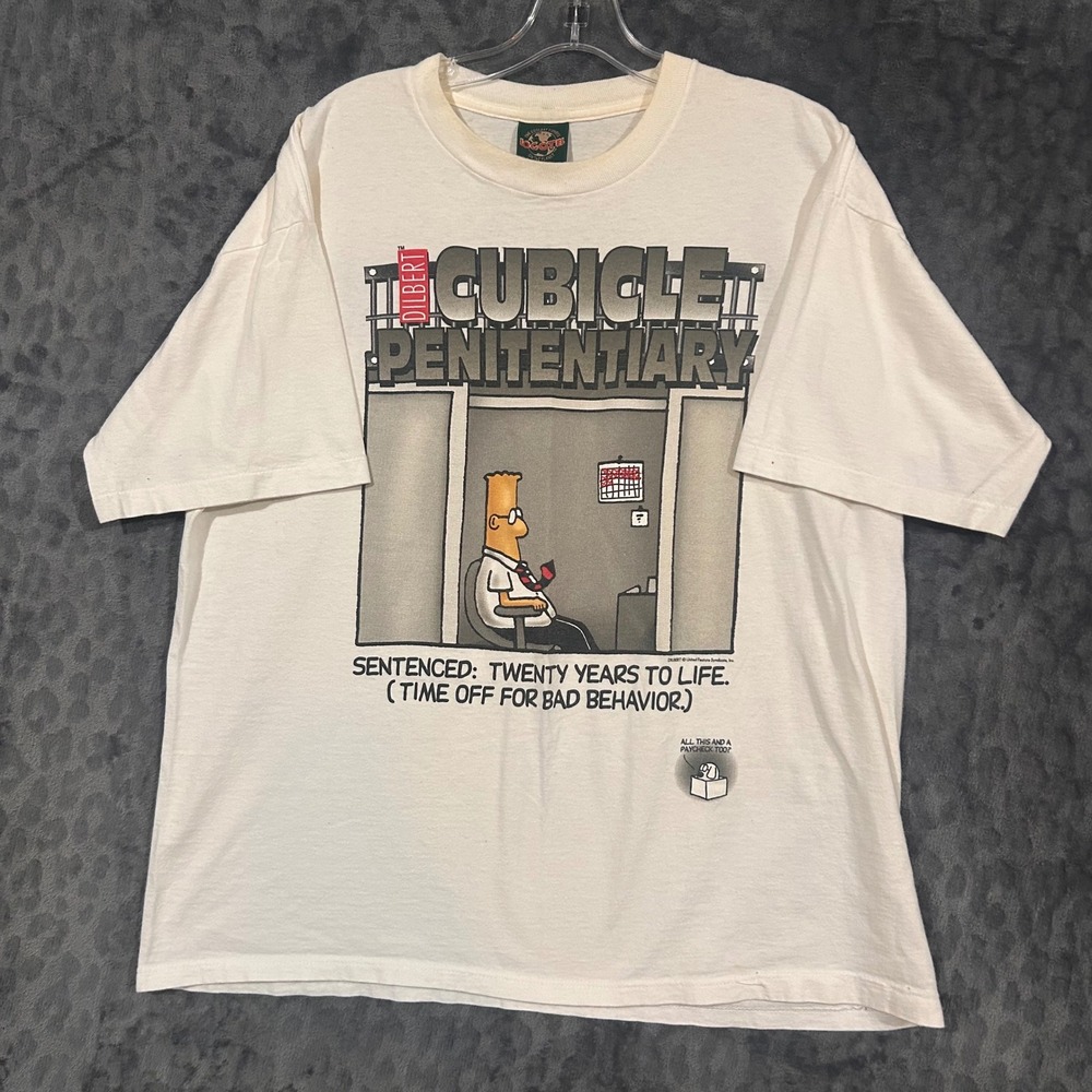 Vintage Dilbert Cubicle Penitentiary T-Shirt XL Logotel White Made in USA 90s